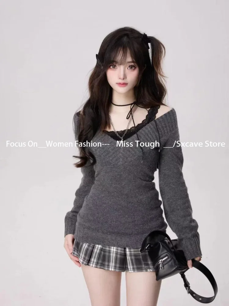 Knitted Suits Autumn Winter Woman V-neck French Vintage Long Sleeve Pullovers Knitwears 2000s Aesthetic Korean Sweater Sets Y2k 250320