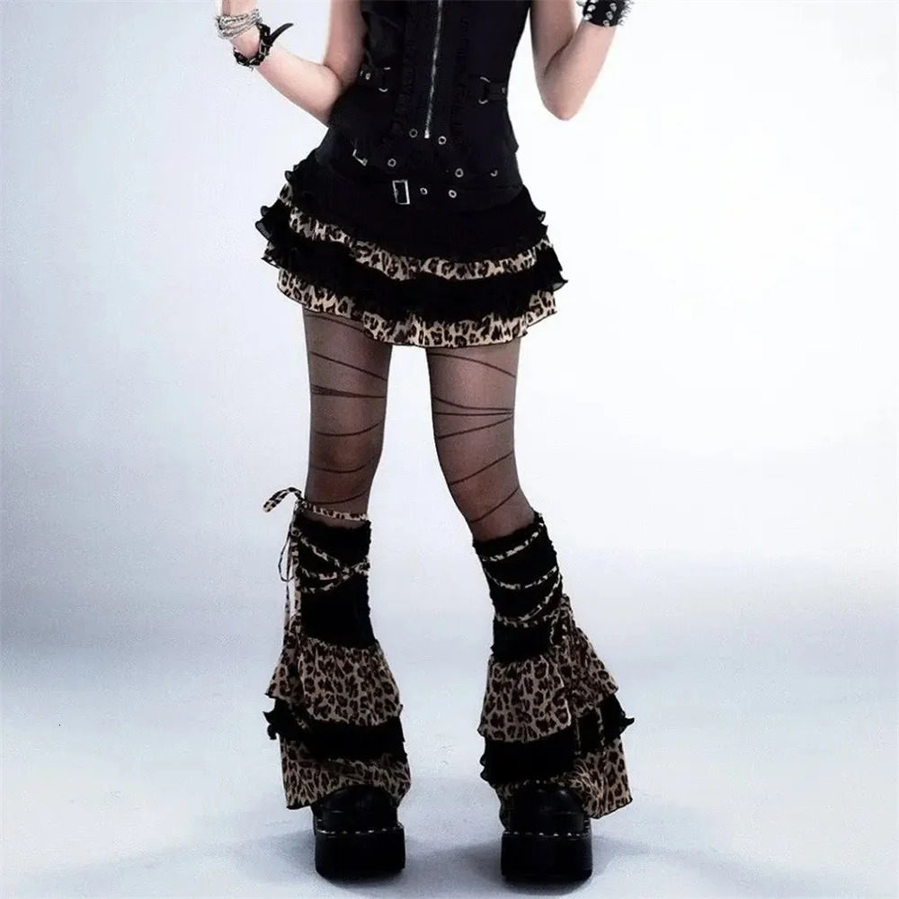 Y2K Leopard Print Ruffle Kawaii Vintage Skirts Goth Black Aesthetic Subculture Short High Waist Punk Cake Fluffy Cute Slim Skirt 250320