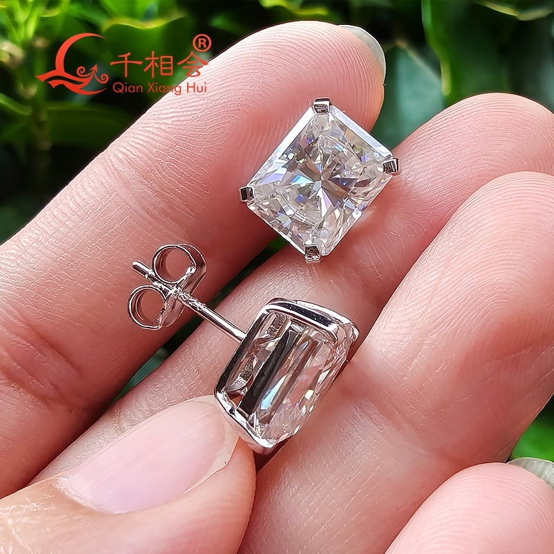 8*10mm radiant shape 925 silver white color D VVS moissanite stone ear stud Earring gift dating women wedding
