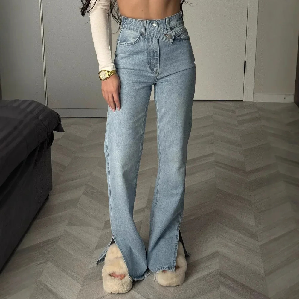 Casual high waisted jeans womens elastic waistband pants slit wide leg pants feel high-end and comfortable 250320