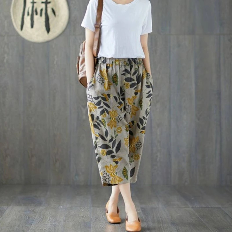 Summer harem pants for women retro fashion printed loose cotton linen casual wide leg 250320