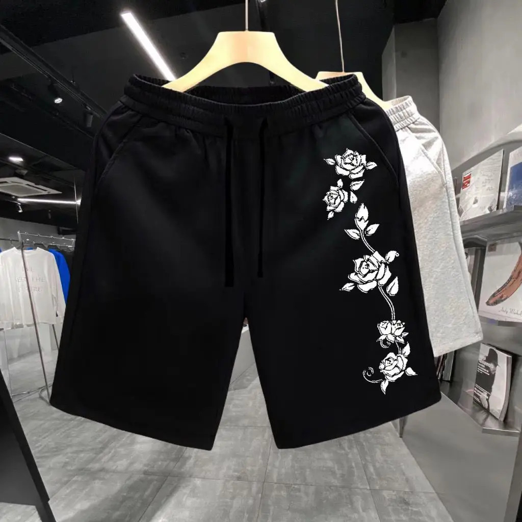 Rose Print Fashion Street Trend Cotton American High Shorts Mens Summer Loose Casual Sports Boxing 250320