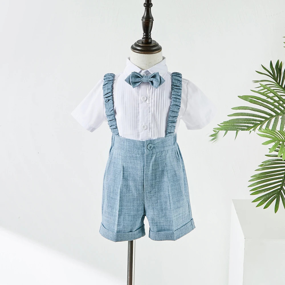 Boys Suit For Weddings Birthday Little Boy Gentleman Outfit Formal Suits Children Blue Coat Strap Shorts Bow Tie Clothes Set 250320