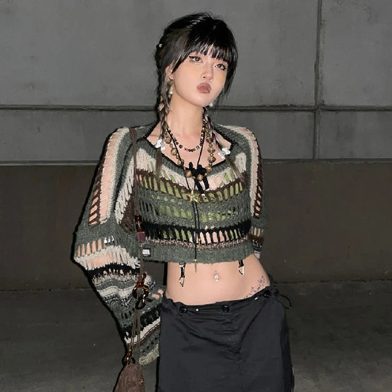Y2k Hollow Out Pullovers Women Thin Summer Sexy Smock Outerwear Sweaters Harajuku Panelled Cropped Clothing American Retro Fit 250319