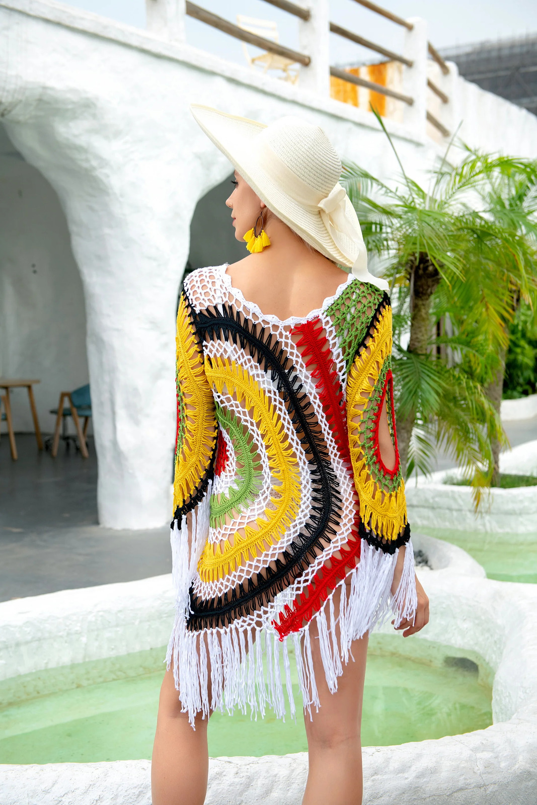 H80 S90 womens crochet summer rainbow bikini cover sexy hollow outer edge handmade beach dress swimsuit top 250320