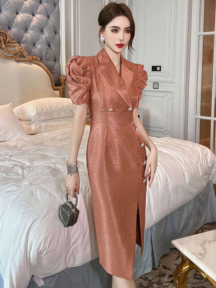 Professional Fashion Dress Women Celebrity Bright Silk Satin Bubble Sleeve Slit Robe Female Business Party Vestidos Office Lady 250320