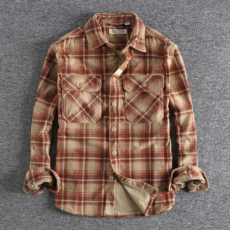 May Khaki retro spring and autumn style mens long-sleeved shirt washed corduroy comfortable daily all-match coat 250317