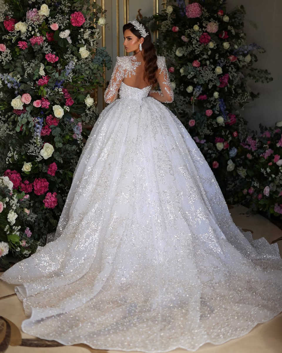 Elegant Women Wedding Sheer Neck Long Sleeves Bridal Gowns Sequins Beaded Sweep Train Dress Custom Made
