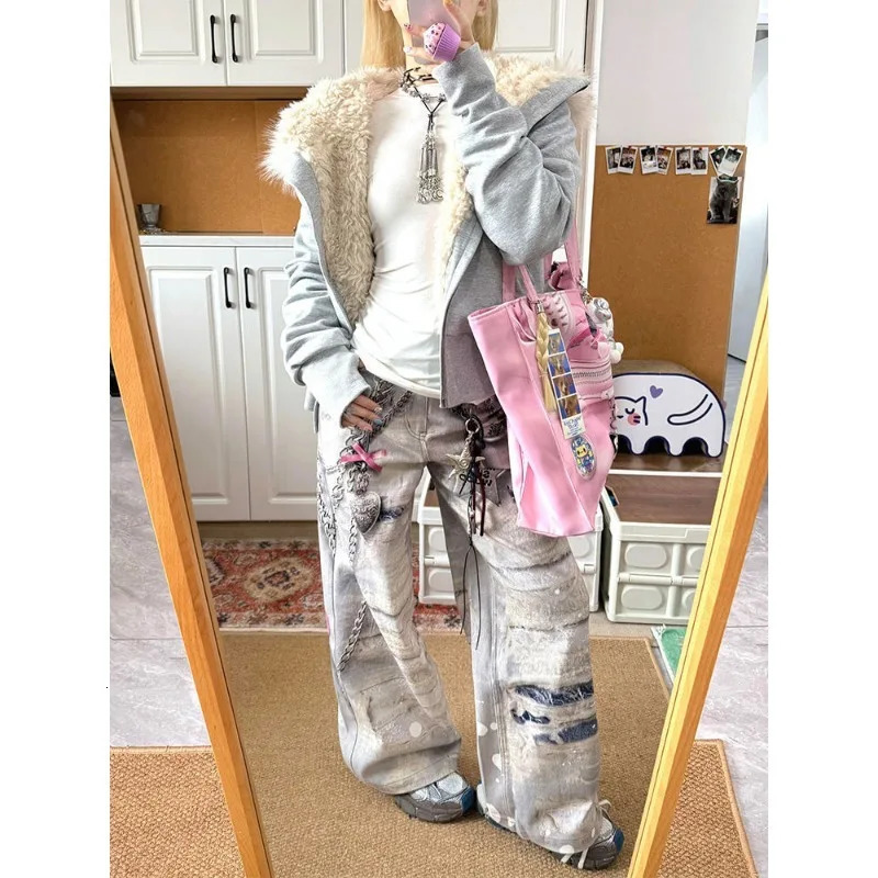 High Street Hip Hop Ripped Lace Metal Texture Printed Womens Jeans American Spring Girls Sliding Wide Legs Pants 250314