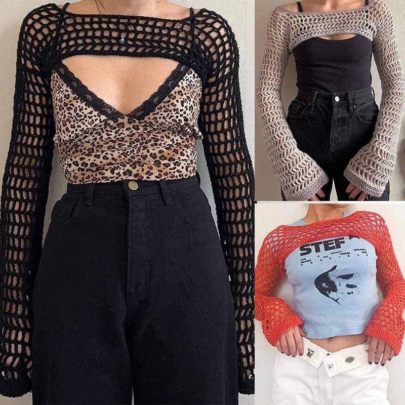 Women Big Fishnet Long Sleeve Cropped Sweaters Summer Fashion Lady O-Neck Flare Sleeve Hollow Out Short Knitted Pullovers 250319