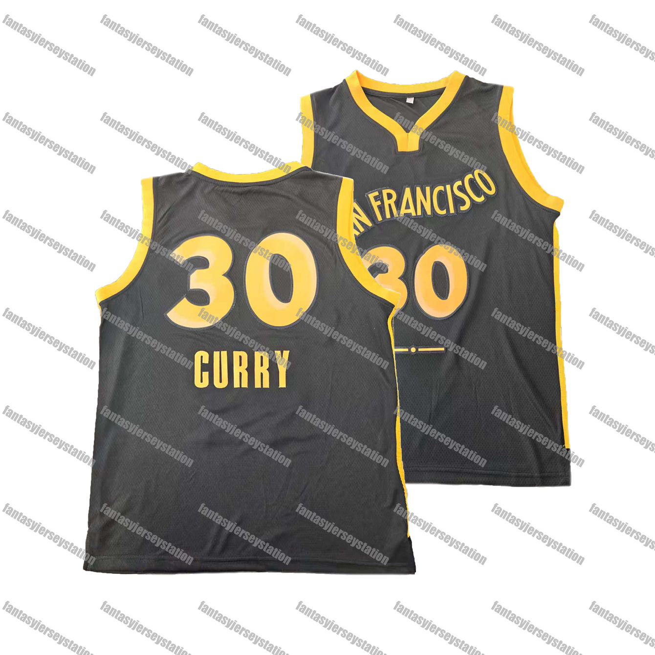 IN STOCK Mens Black Stitched Curry 30 Basketball Jersey, Polyester Knit Fabric, Crew Neck, Loose Fit, Breathable Stretch, Casual Sports Shirt for Trai
