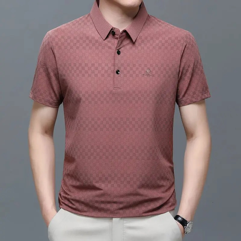 Genuine Ice Silk Mens Polo Shirt High-end Casual Anti--free Short-sleeved Business Half-sleeved Lapel T-shirt 250320