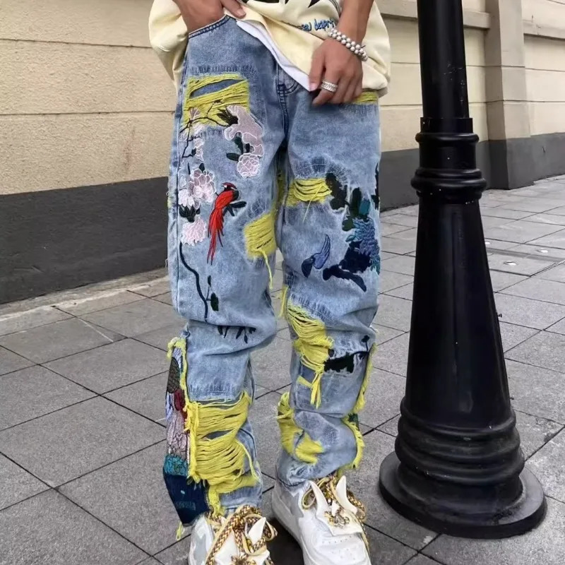 Embroidery heavy industry jeans couple summer trend hiphop high street American style y2k brushed loose straightleg pants 250320