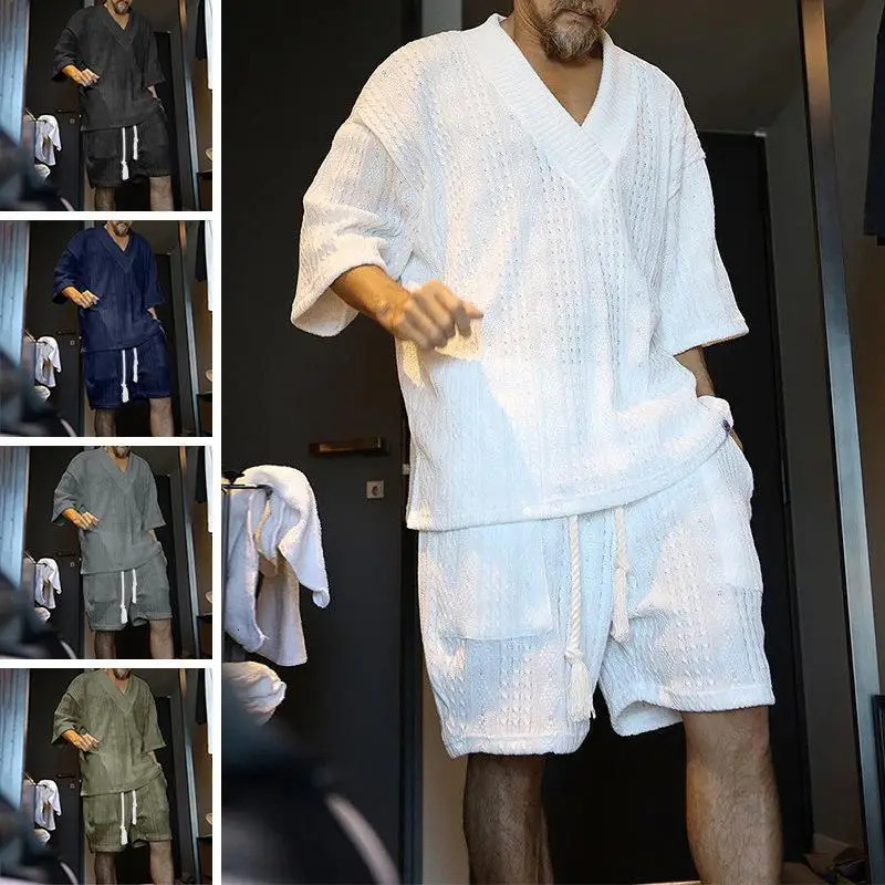 summer mens casual sweater solid color white black khaki suit loose short sleeve T-shirt shorts two-piece set 250320