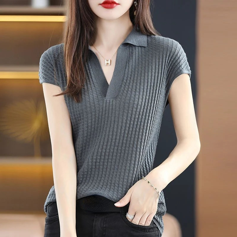T Shirt Youth Top Petite Knitted Wholesale Ladies Polo Neck Tee Shirts Korean Pullover High Quality Flower Good Xxl Black 250319