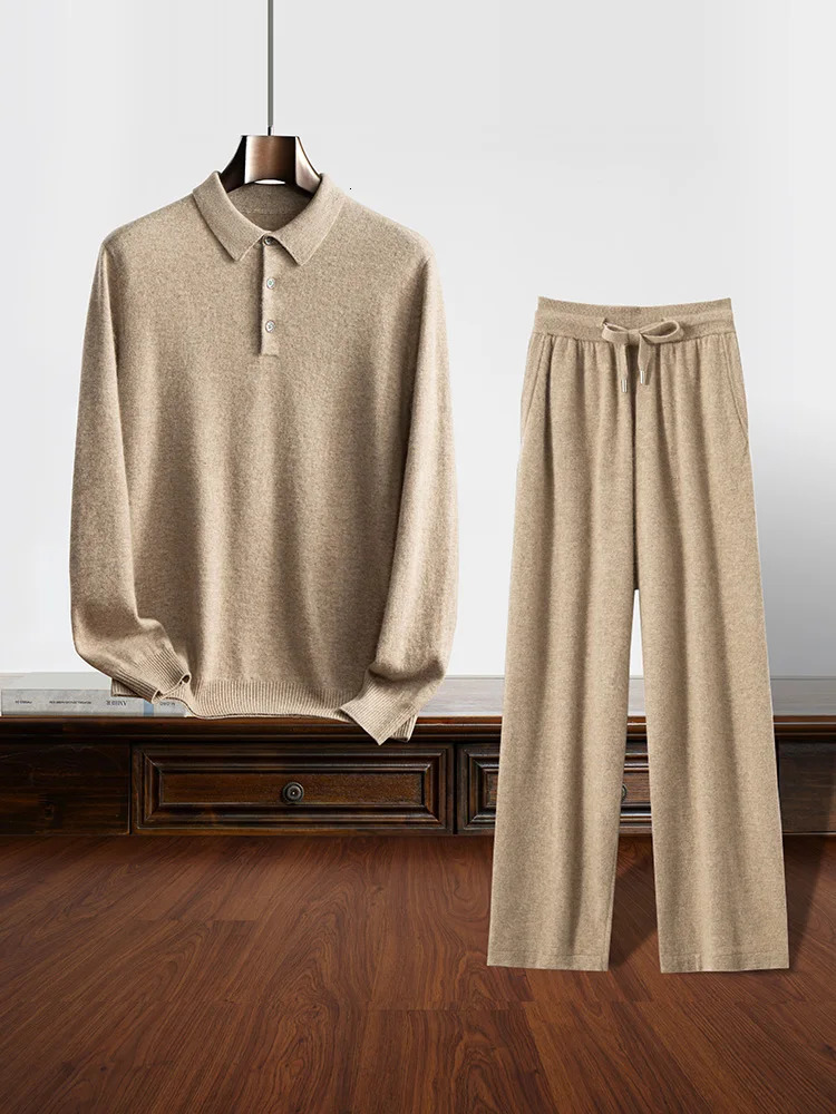 Mens Cashmere Polo Pullover Sweater Casual Soft 100% Cashmere Knitwear High-waisted Pants Spring Autumn Clothes Solid Set 250320