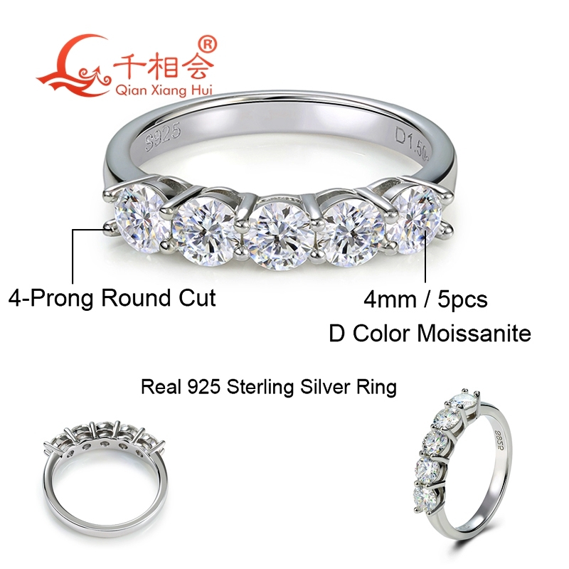1.5ct 4mm round five stones D vvs white moissanite Half Eternity Band ring 925 Sterling Silver Jewelry Engagement women gift GRA