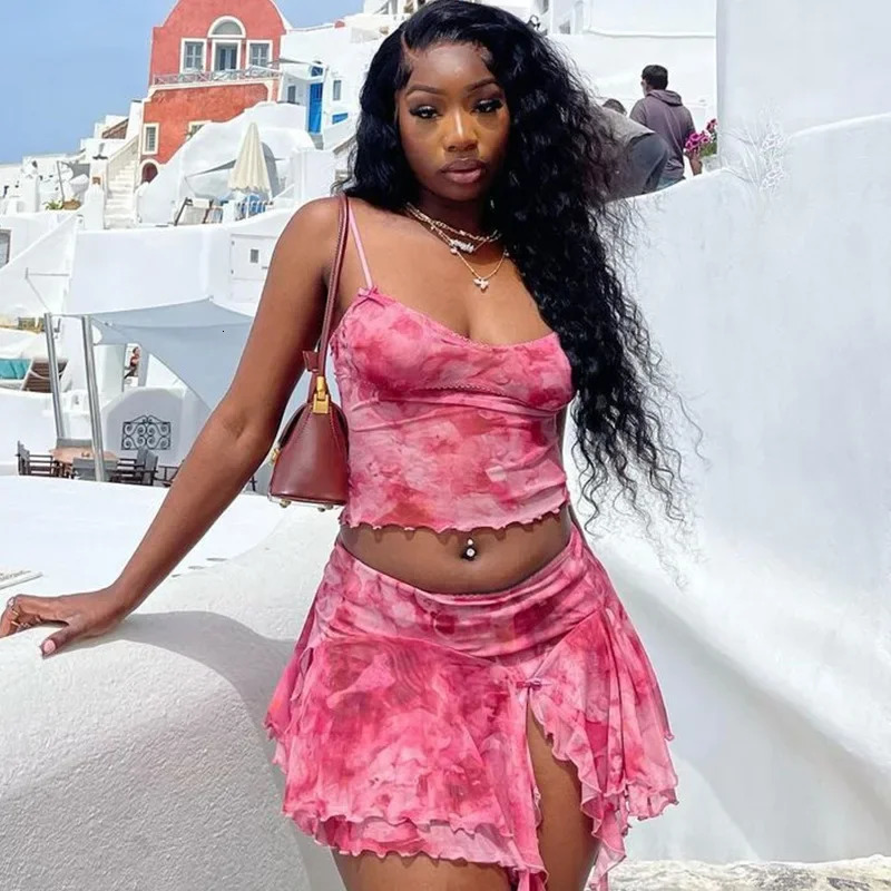 ANJAMANOR Pink Mesh Sheer Sexy Two Piece Set Ruffle Mini Skirt and Cami Top Summer Vacation Outfits for Women Clubwear D17-CF23 250320