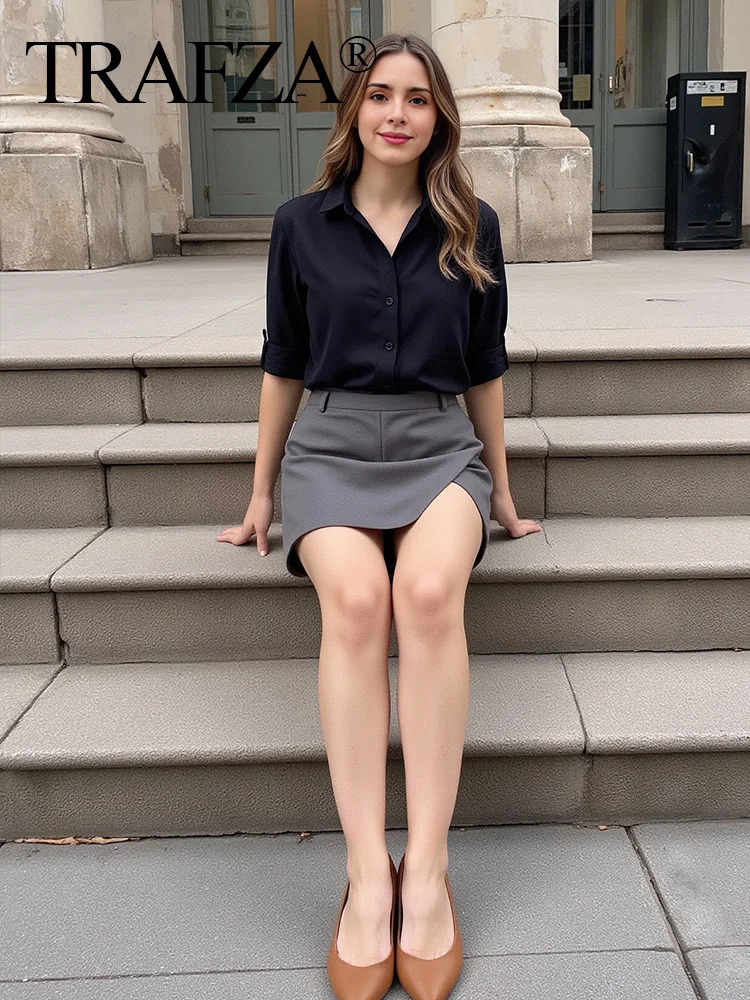 TRAFZA Fashion Women Asymmetric Mini Shorts Skirts 2025 High Waist Pockets Office Lady Shorts Elegant Soild Shorts Skirts 250320