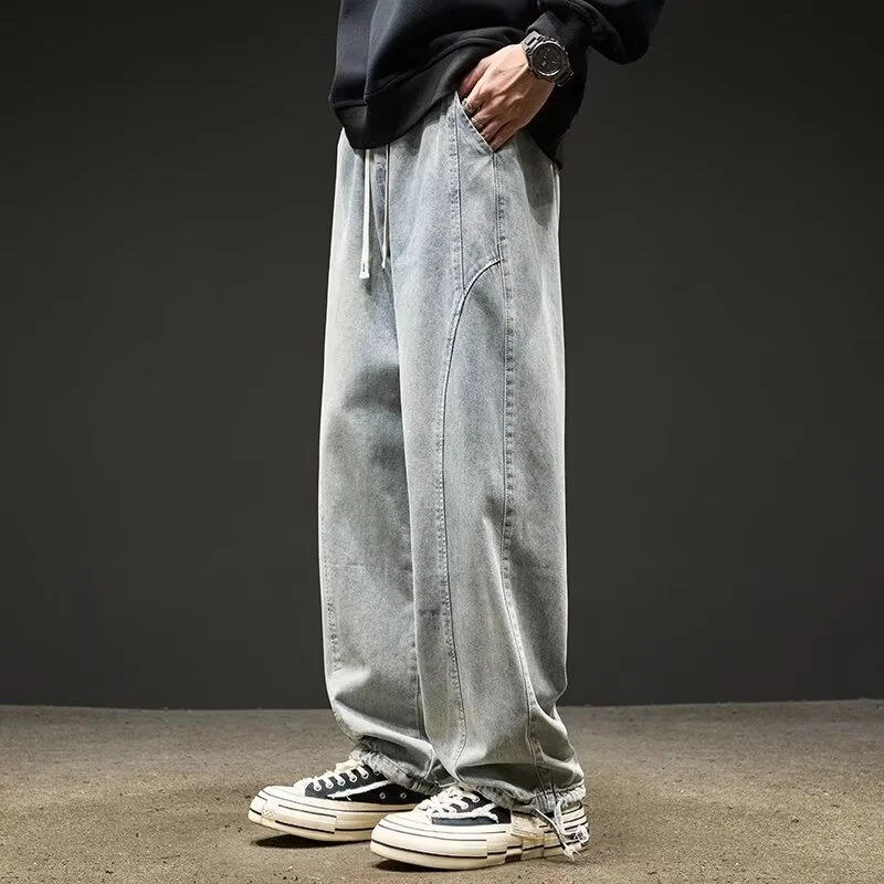 Autumn High Street Straight Wide-Leg Jeans For Men Hip Hop Fashion Drawstring Baggy Denim Pants Y2K Vintage Casual Blue Jean 250320