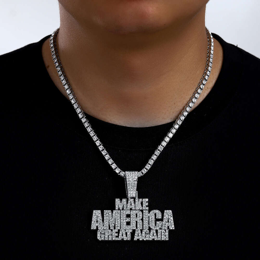Men's Hip Hop Jewelry Full Dia Letter Splicing Pendant Necklace Cool Punk Cuban Chain Accessories
