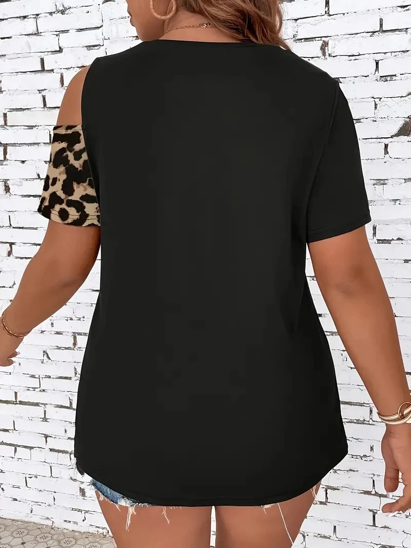 Plus Size Leopard Print Button Decor T-Shirt Casual Cold Shoulder Short Sleeve Top For Spring Summer Womens Plus Size Cloth 250320
