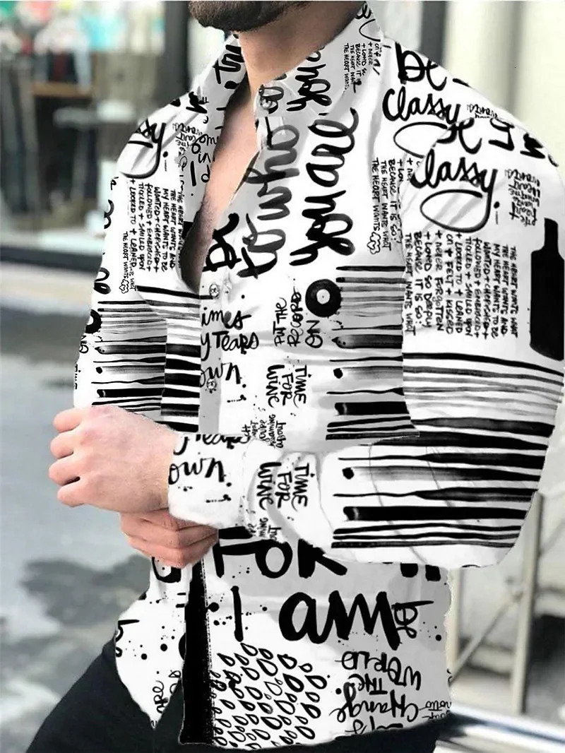 spaper Text Art Fashion Party Evening Dress Collar Button Shirt Casual Printed Long Sleeve Mens Sweater 250320