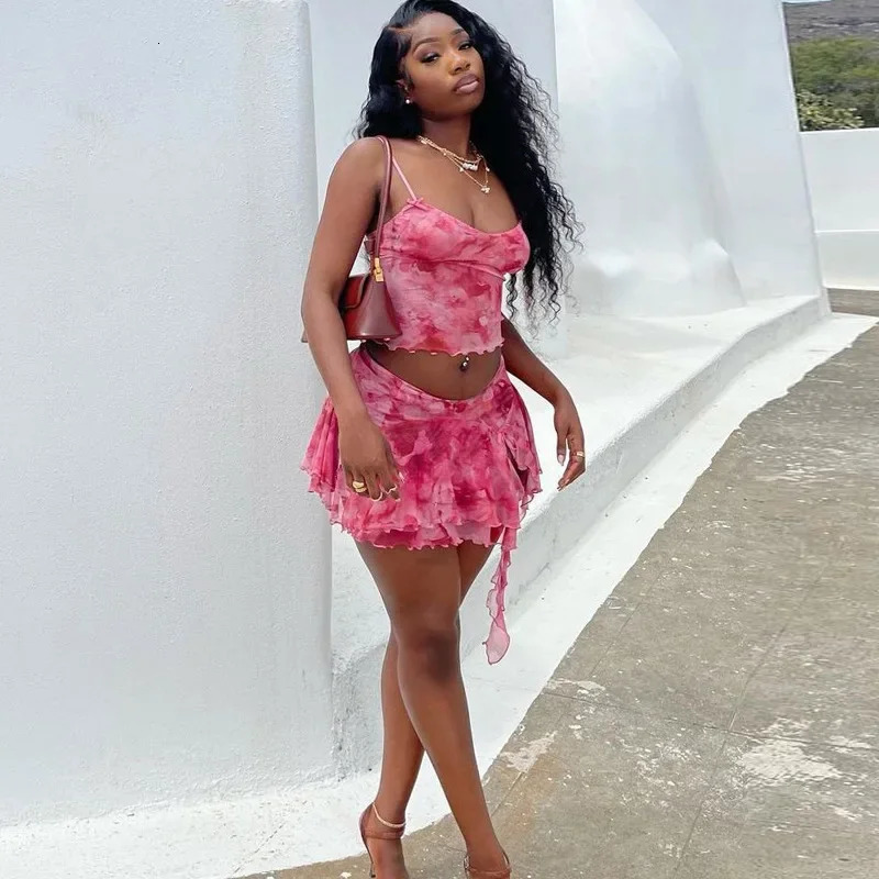 ANJAMANOR Pink Mesh Sheer Sexy Two Piece Set Ruffle Mini Skirt and Cami Top Summer Vacation Outfits for Women Clubwear D17-CF23 250320