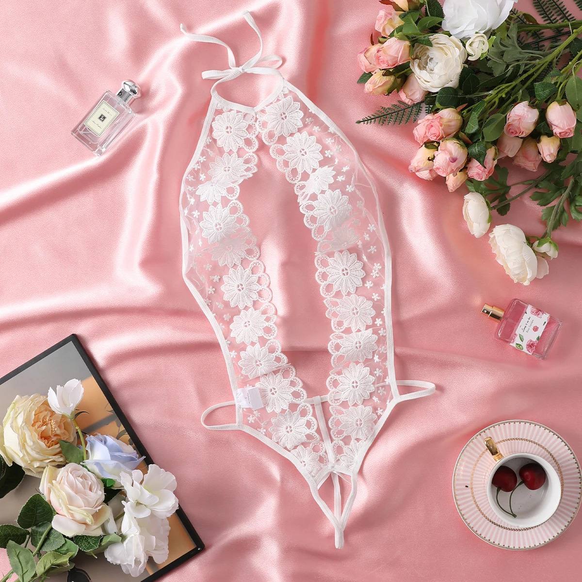 Womens Fancy Sexy Lingerie White Open Bra Teddy Hollow Out Halter Backless Bodysuit Floral Embroidery Crotchless Underwear 250320