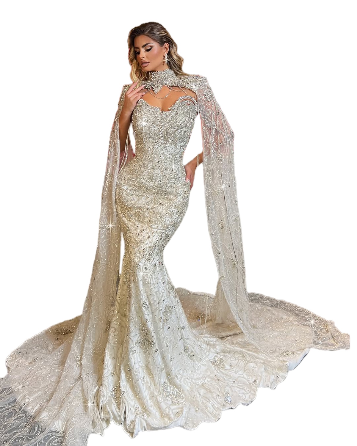 Wedding Dresses Luxury Crystal Mermaid Bridal Gowns with Cape Sleeves Beading Strapless Tassel Custom Made Princess Bride Dress Vestidos De Novia