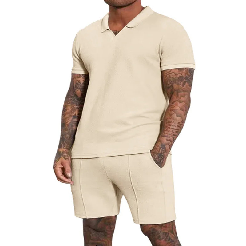 Mens clothing set summer item oversized heavy-duty waffle collar polo short sleeved set 250318