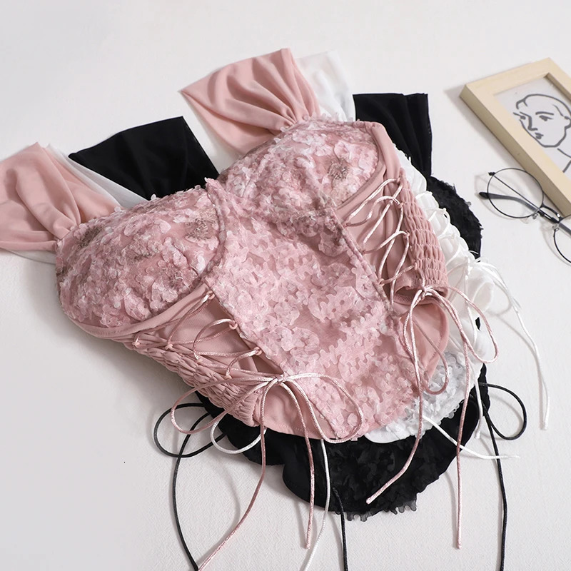 Womens bandage sexy lace strapless irregular top solid pleated crop with bra pad 2024 womens summer backless ultrathin vest 250320
