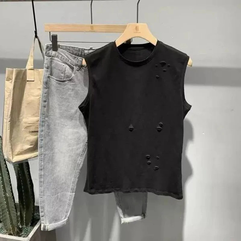 100% pure cotton bra sleeveless tear hole mens tank top Korean street fashion trend 2xl oversized T-shirt hip-hop street clothing 250318