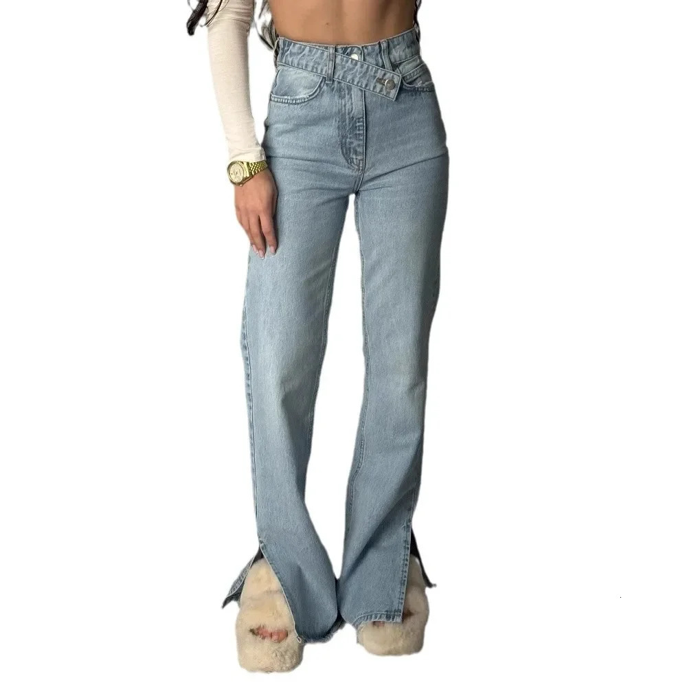 Casual high waisted jeans womens elastic waistband pants slit wide leg pants feel high-end and comfortable 250320
