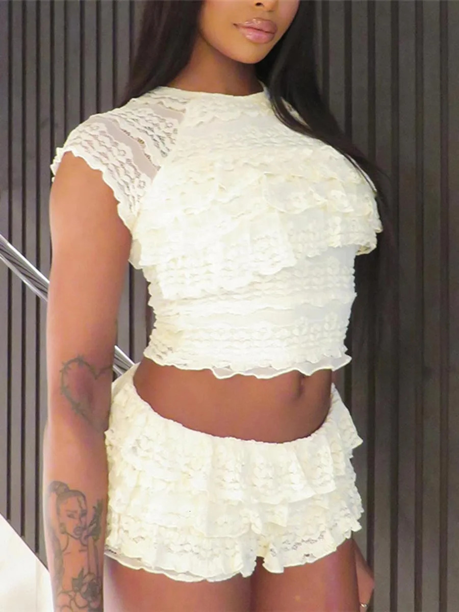 Women s Lace Crop Top and High Waisted Shorts Set with Short Sleeves and O Neckline Tiered Lace for a Stylish Look 250320