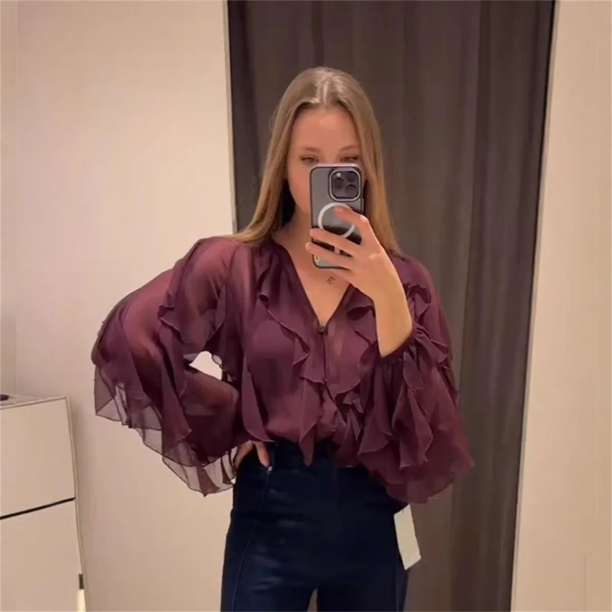 2025 Spring Burgundy Layer Ruffles Shirts For Woman Casual V Neck Full Sleeve Loose Blouse Female High Street Office Outfits 250320