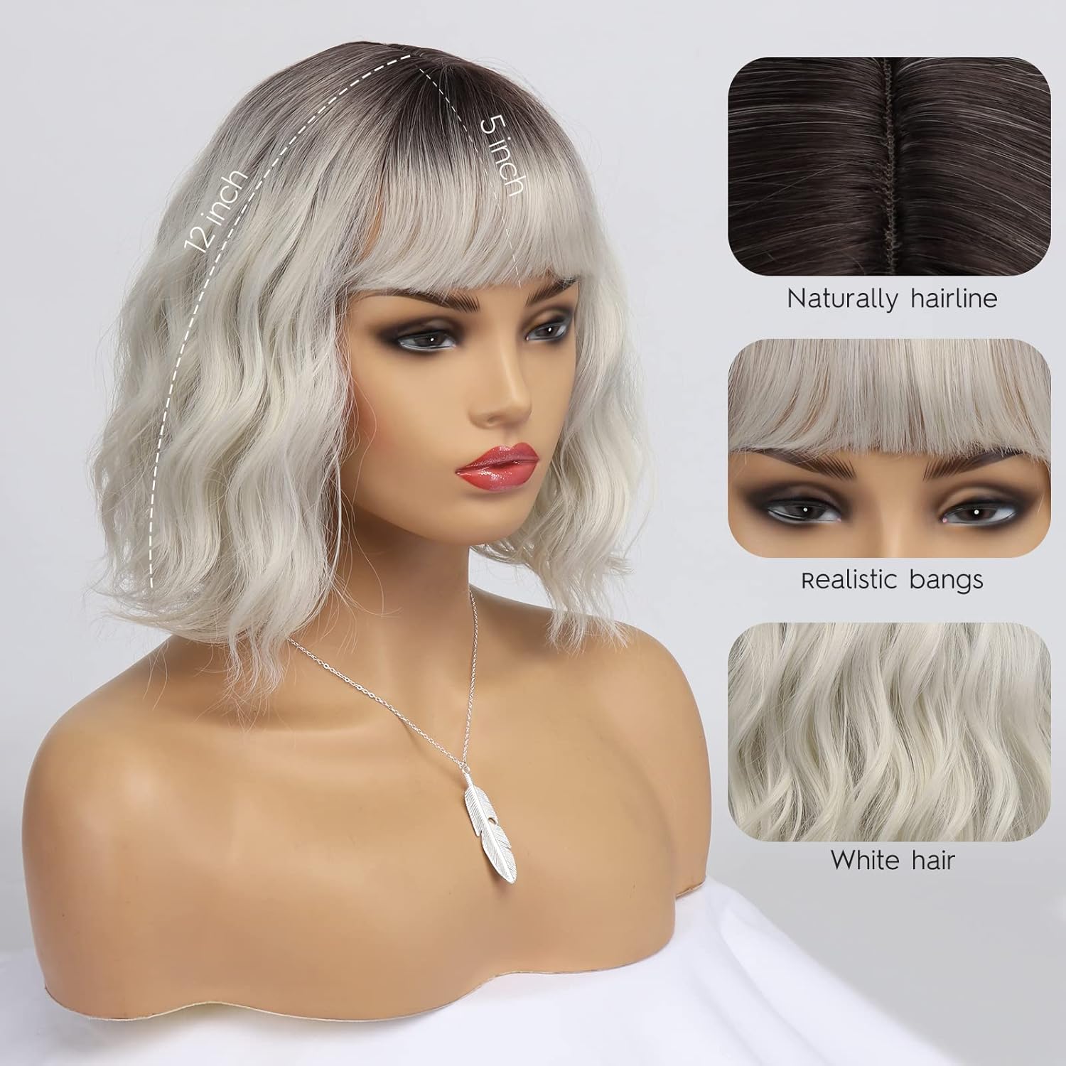 Short White Silver Wigs for Women Ombre Grey Wavy Bob Wig with Bangs Medium Length Synthetic Hair Water Wave Dark Roots Wig Gray Colorful Wigs