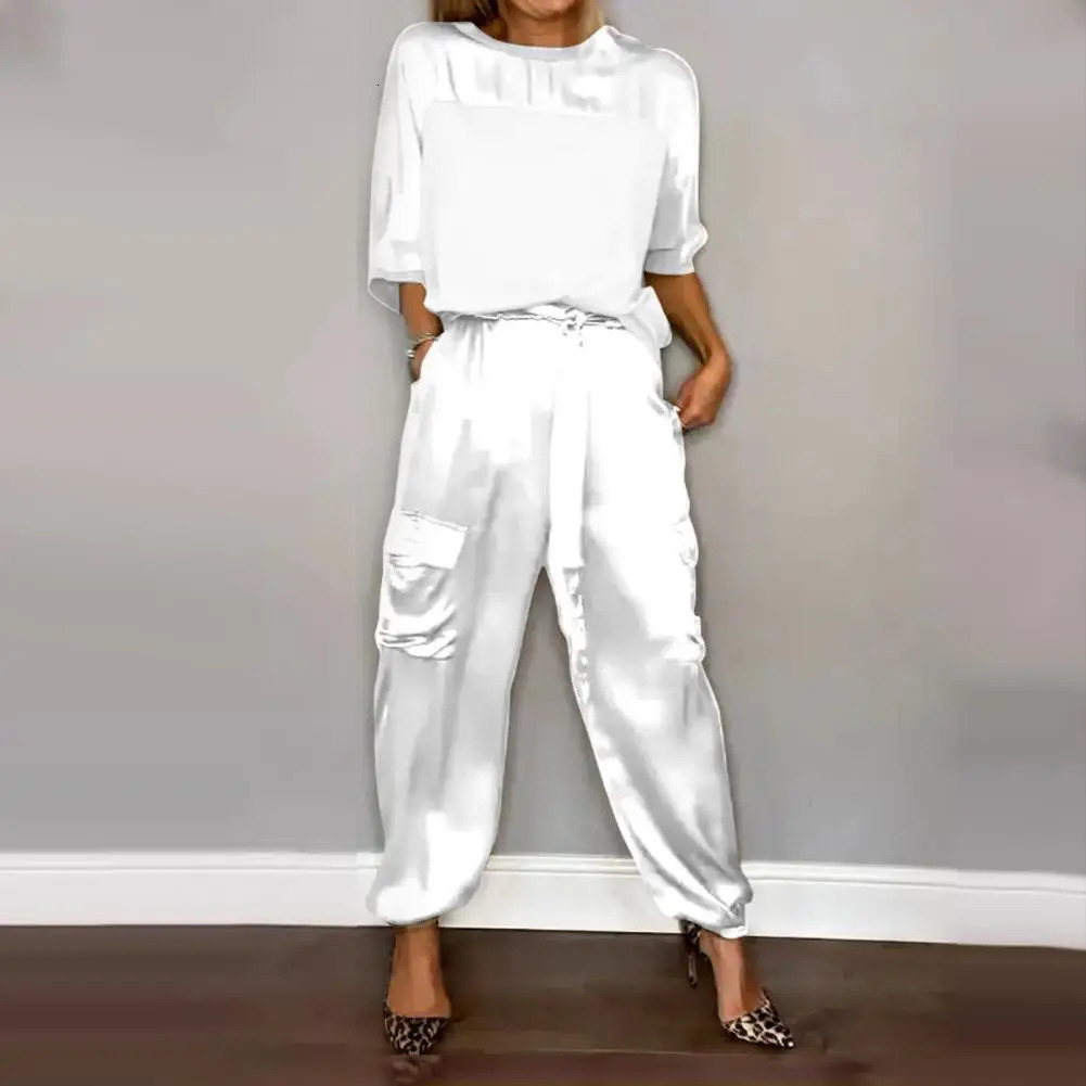 Womens Smooth Satin Short-sleeved Top and Pants Two-piece Set O-neck Lace Up Outfits Loose and Elegant Womens Two Piece Set 250320