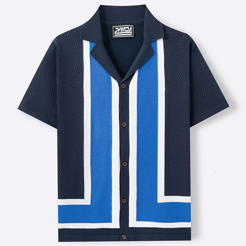 Summer Casual Shirt Mens Knitted Hollow Contrast Color Mens Fashion Collar Button Shirt 250320