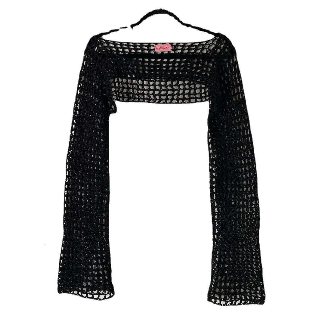 Women Big Fishnet Long Sleeve Cropped Sweaters Summer Fashion Lady O-Neck Flare Sleeve Hollow Out Short Knitted Pullovers 250319