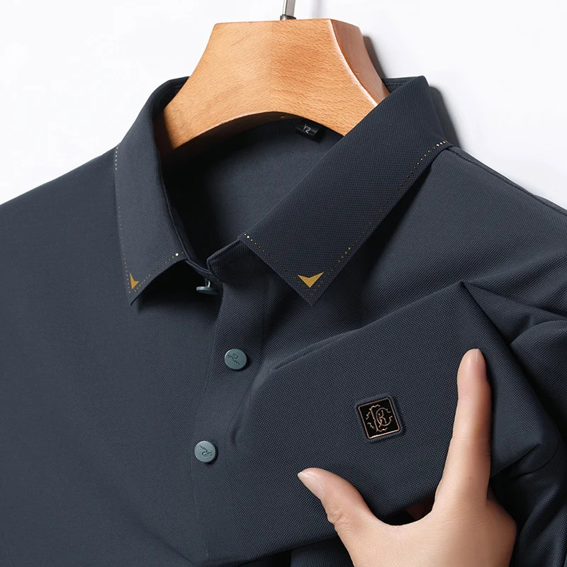 Mens Ice Silk Seamless Polo Shirt High-end Print Short Sleeved Top Summer Cool Breathable T-Shirt Mens Clothing 250320