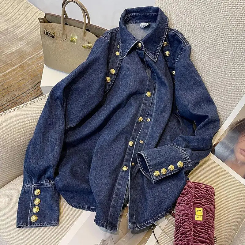 Retro denim womens spring/summer womens shirt sense niche shirt French Exquisite fashion top womens shirt 250317
