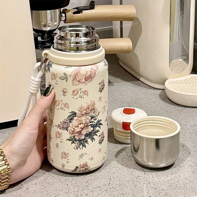 316 Stainless Steel Thermos Water Bottle Vintage Floral Coffee Cup with Lid Girl Elegant Rose Portable Thermos Cup Drinkware X250321