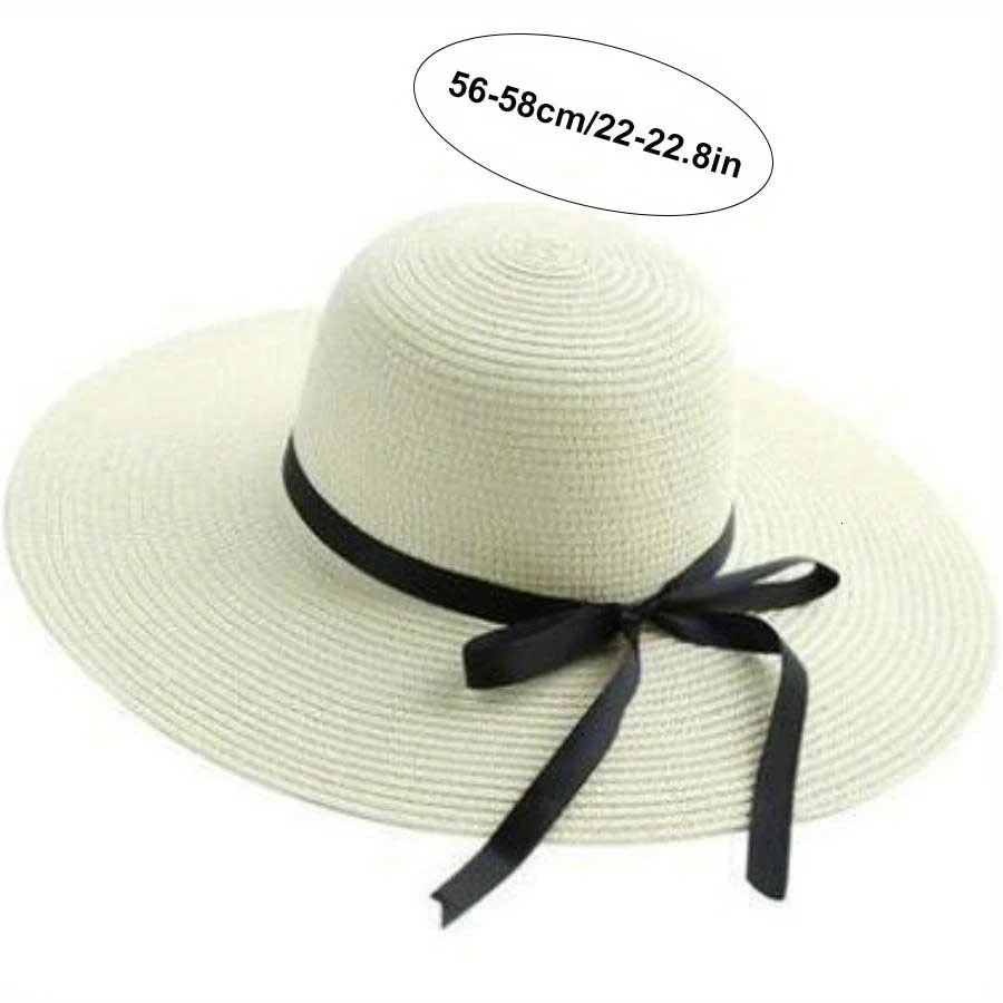 Big Eave Straw Hat Womens Black Bow Edge Sunscreen Folding Beach Hat Outdoor Seaside Vacation Fashionable and Elegant 250320