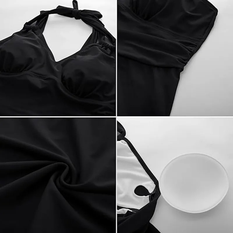Womens plus size swimsuit twopiece black Tankini Vneck suspender floral asymmetrical hem short sleeved 250320