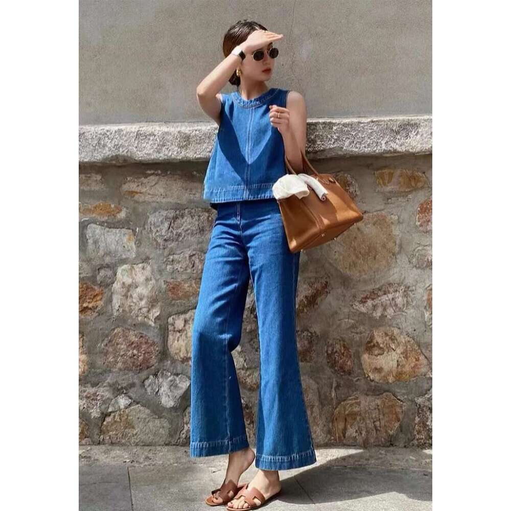 Blue Denim Vest Suit, Sleeveless Top, Jeans, Commuting, Casual Women's Pants Two-Piecet