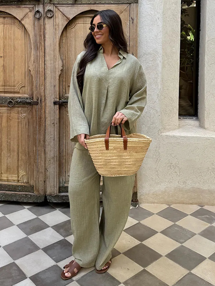 Casual Cotton Linen 2 Piece Sets For Women Loose Long Sleeve Shirts Wide Leg Pants 2025 Spring Summer Solid Outfits Lady 250320