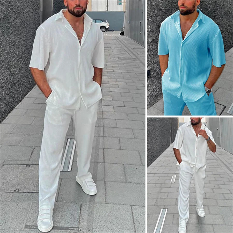White mens pants set with lapel buttons short sleeved shirtpants casual beach set mens clothing two-piece sportswear 250314