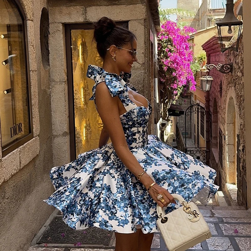 Summer vacation style temperament slim fit printed lace up Aline skirt womens sexy dress 250317
