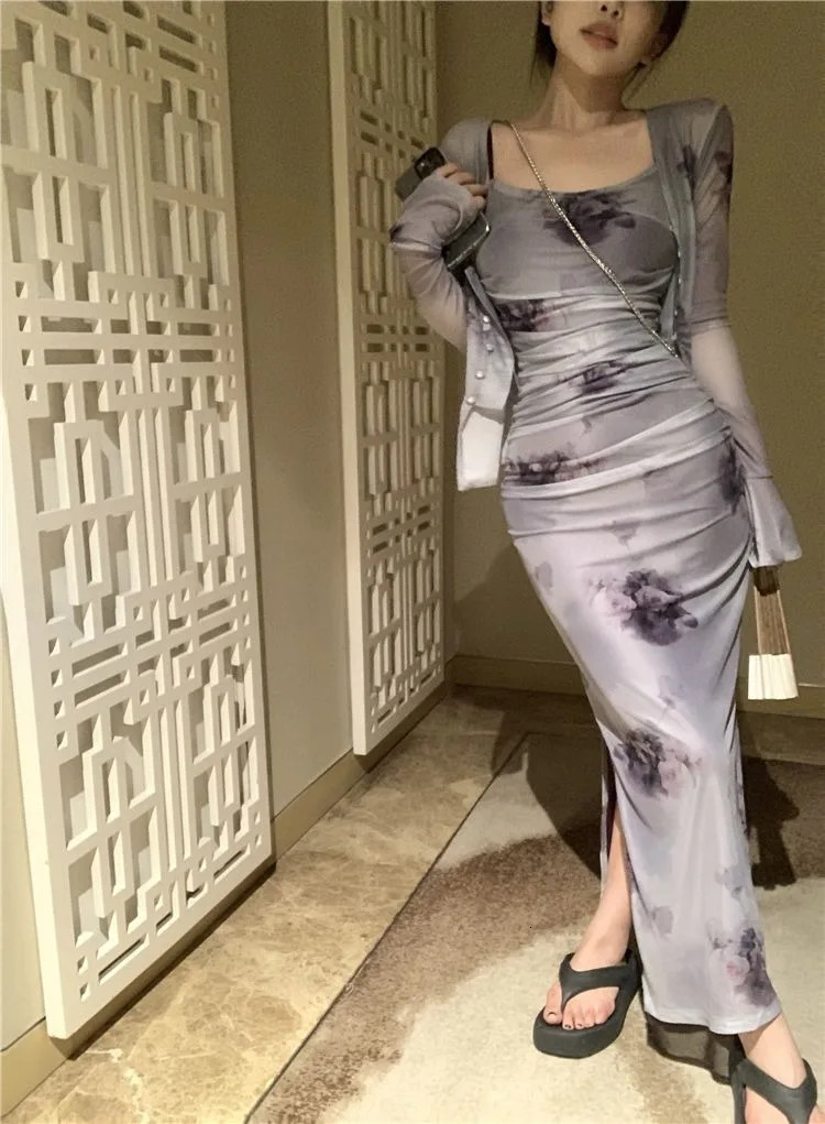 Vintage Rose Tie Dyed Slim Fit Strap Dresses Y2k E-Girl Long Sleeve Sun Protection Tops Women Summer Two Piece Sets 250320